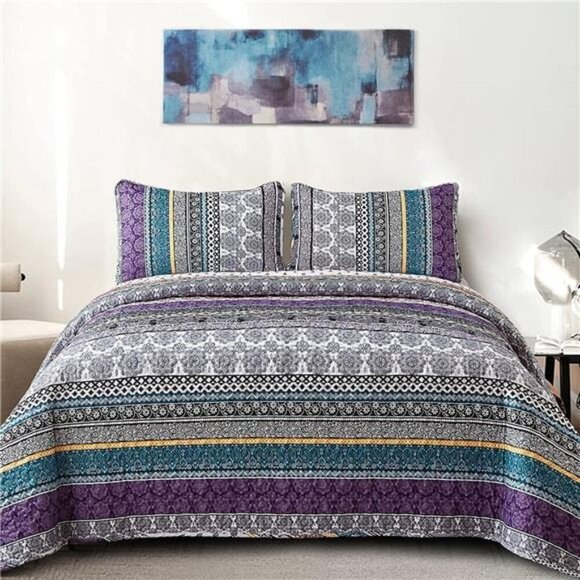 BEDDING Boho Quilt Set Queen Size, Bohemian 3 Pieces Quilt Sets, Lightweight